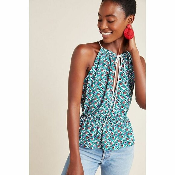 Anthropologie Tops - Anthropologie Floral Sleeveless Halter Peplum Top Tie Detail Green Multicolor